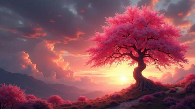 Magical pink tree bathed in golden sunset light with dramatic clouds