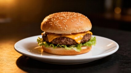 Juicy cheeseburger with sesame seed bun on white plate.