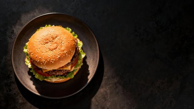 Gourmet burger with sesame seed bun served on dark plate. - Powered by Adobe