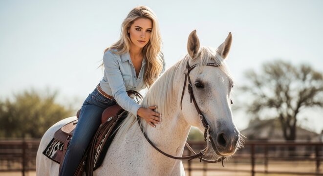 A beautiful blonde woman with long hair wearing a denim shirt and jeans, riding a white horse. Outdoor country portrait on a sunny day with a western lifestyle feel.