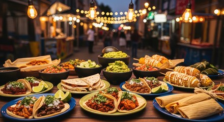 Fototapeta premium Delicious Mexican street food spread with tacos, corn, guacamole, and more