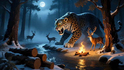A panther trying to catch deers in the night