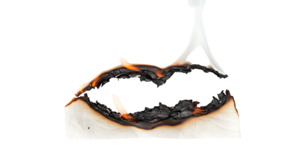 Dynamic abstract representation of burning paper with intricate charred edges and emerging white ash patterns on transparant
