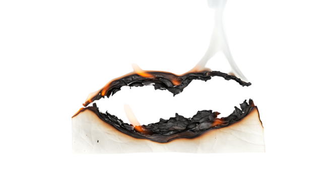 Dynamic abstract representation of burning paper with intricate charred edges and emerging white ash patterns on transparant