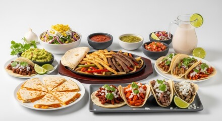 Delicious Mexican food spread with tacos, quesadillas, and fajitas on a white background
