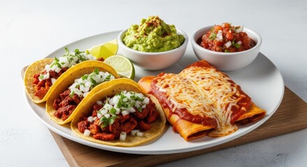 Delicious Mexican food platter with tacos, enchiladas, guacamole, and salsa