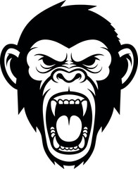 Aggressive Primate Face with Open Mouth and Fangs, Detailed Black and White Ape Mascot Design.