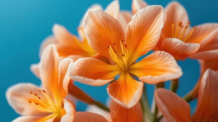 Obraz premium Close up of vibrant orange lily flowers with delicate petals against a bright blue background