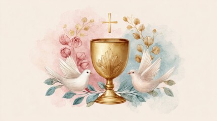 Golden chalice with two white doves flying by, a cross, and floral elements over watercolor background, for religious ceremony. Epiphany concept.