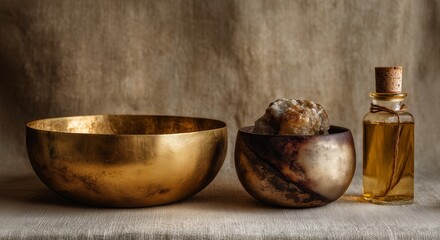 Objects symbolizing gifts of the Magi: frankincense in a bowl, gold singing bowl and a bottle of myrrh oil. Epiphany and Christmas holiday concept.