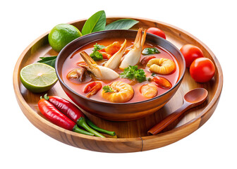 On a blue plate and in a wooden bowl over a white and transparent background Spicy Thai Seafood Tom Yum Soup, with a small side of tomato sauce transparent background