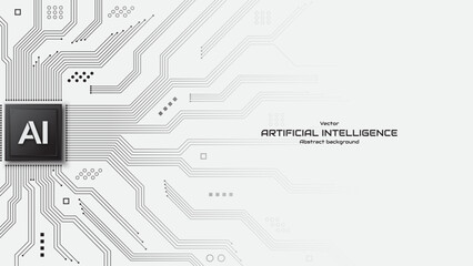 Concept of artificial intelligence. AI chipset on a circuit board, Futuristic background. Machine learning, automation and smart tech. Technology vector illustration.