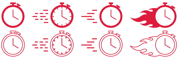 Set of fast clock icons in different motion styles like flame, glitch, and streaks. Useful for urgency, time management, express delivery, and deadline concepts Time fast icon editable Design template