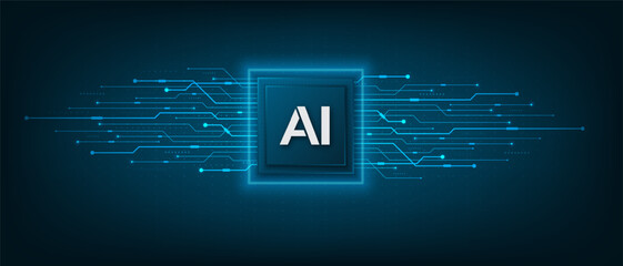 Artificial intelligence chipset on circuit board with electronic elements. Futuristic tech background. Technology vector illustration.