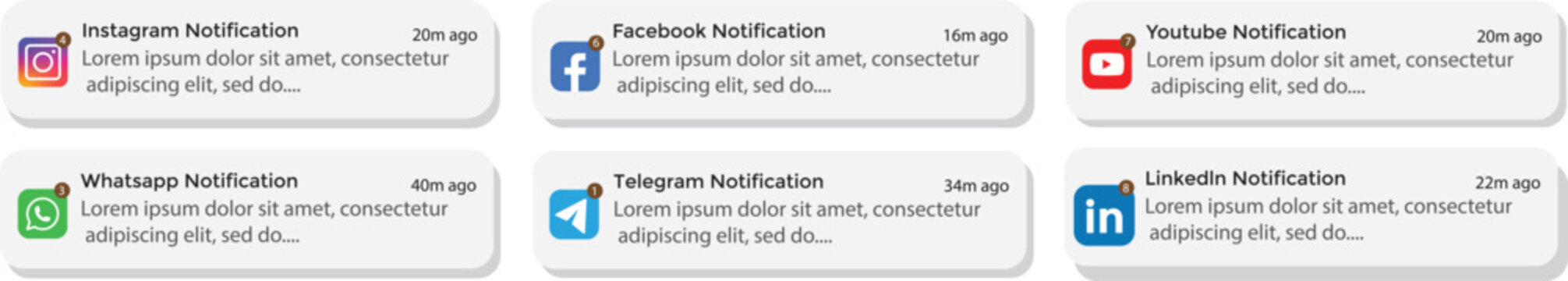 iOS notification mockup. iOS notification banners mockup with Instagram, Facebook, TikTok, YouTube, LinkedIn, WhatsApp, Telegram. chat alerts, message UI mockup.
