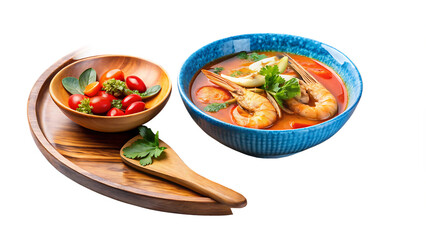 On a blue plate and in a wooden bowl over a white and transparent background Spicy Thai Seafood Tom Yum Soup, with a small side of tomato sauce transparent background