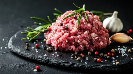 Fresh raw minced beef and pork meat placed on a black stone surface, garnished with rosemary, garlic, and peppercorns for a rustic cooking concept