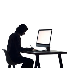 Silhouette of man working at computer isolated on transparent background