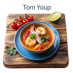 On a blue plate and in a wooden bowl over a white and transparent background Spicy Thai Seafood Tom Yum Soup, with a small side of tomato sauce transparent background