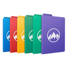 Colorful file folders with mountain logo isolated on transparent background
