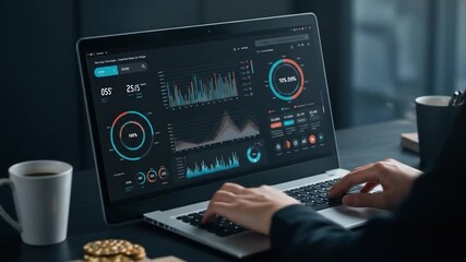 A person uses a laptop, hands on keyboard, viewing a dark-themed data dashboard with colorful charts & graphics; coffee mugs and cookies visible - Powered by Adobe