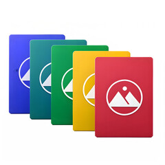 Colorful cards with white logo isolated on transparent background in studio shot