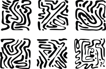 Vector Six abstract black and white organic maze like patterns in a grid arrangement