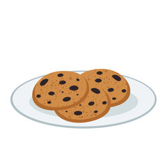 Chocolate chip cookies on plate, sweet homemade dessert, vector illustration for bakery and food design. Isolated on a white background.