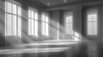 Empty room with sun rays streaming through large windows onto a concrete floor, serene