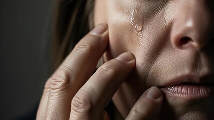Close up of adult person crying with tears streaming down face showing deep sadness and profound emotion