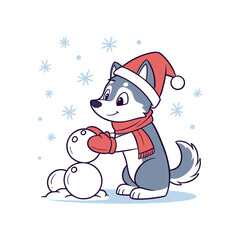 Cute cartoon husky dog wearing a santa hat and scarf building a snowman