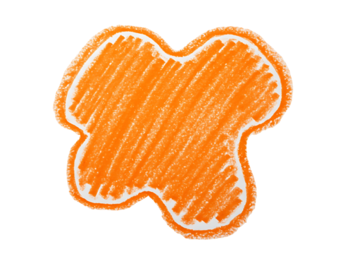 Vibrant hand-drawn orange crayon-textured abstract blob shape with white border on a minimalist black background creating playful contrast