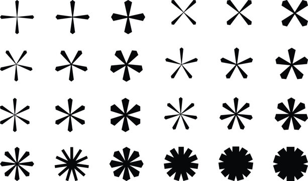 Vector collection of abstract starburst and asterisk shapes in black and white on a white background