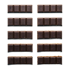 Ten pieces of dark chocolate isolated on transparent background in studio shot