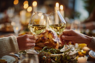 Elegant holiday toast with white wine glasses in warm candlelight, roasted turkey softly blurred in background. Cozy Thanksgiving celebration full of warmth and gratitude.