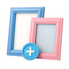 Blue and pink picture frames with plus sign isolated on transparent background