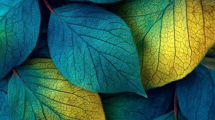 Vibrant teal and yellow leaves macro background with detailed vein patterns and texture