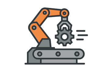 Automated robotic arm placing a mechanical gear onto a moving factory conveyor belt system