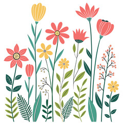 Set of elements from leaves, branches and flowers, flat, isolated, vector illustration, design Flat-style illustration featuring an array of diverse flowers and foliage elements arranged.