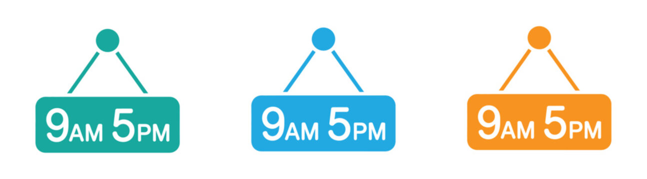 Open for business from 9AM to 5PM - vibrant and modern signage for shops, restaurants, and services, announcing business hours and welcoming customers, available in multiple colors