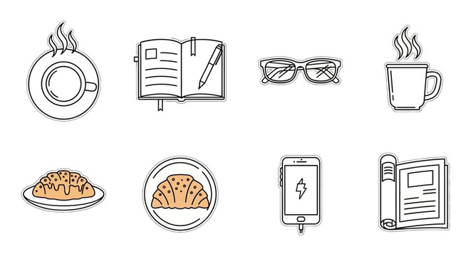 Coffee and croissant morning routine open book glasses phone charging and newspaper perfect for blog header illustrating relaxation and education.