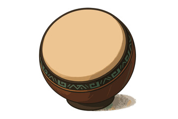 Traditional round wooden drum featuring a light beige skin surface and decorative tribal band