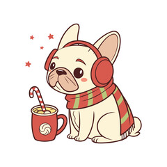 Cute french bulldog wearing scarf and headphones with hot chocolate