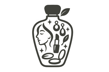 Stylized cosmetic bottle logo with woman's face profile, lipstick, earrings, and natural leaves