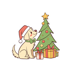 Cute golden retriever dog wearing santa hat and bow tie next to christmas tree and gifts