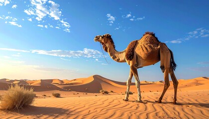 A single camel stands tall in the vast, sandy desert under a bright sky