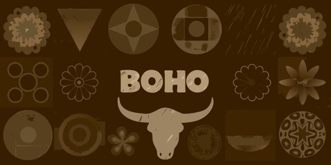 Boho style collage with buffalo skull and abstract floral and geometric patterns in earthy tones