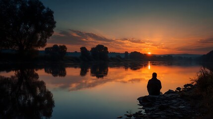 Solitary figure enjoys serene river sunset, casting warm reflections over tranquil water