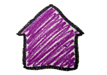A vibrant purple crayon-drawn house ontransparant canvas conveying notions of home, direction, or aspiration
