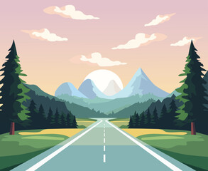 Highway road to mountains landscape illustration